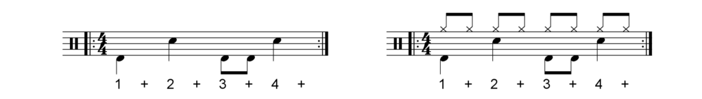 Grundlagen des Schlagzeugspiels | Noten zur Variation II des Basis-Grooves für Rock- und Pop-Musik, mit Hinweisen zum Zählen